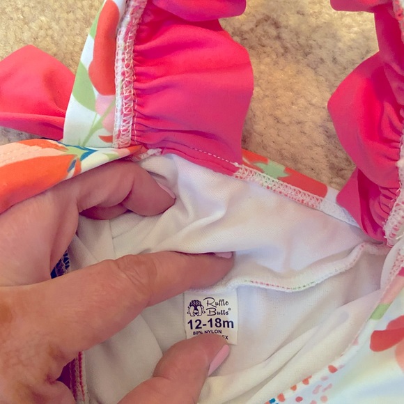 Ruffle Butts Pink and Coral Floral Swimsuit - Picture 8 of 11